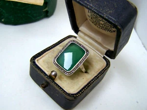 VINTAGE SOLID STERLING SILVER CHRYSOPRASE GREEN CHALCEDONY MARCASITE RING SIZE O - Picture 1 of 9