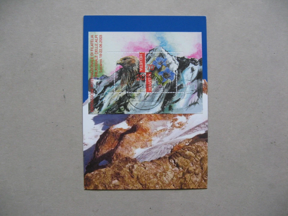 SWITZERLAND, maxicard maxi card FDC 2003, S/S TICINO bird eagle flower gentian - Image 1 of 1