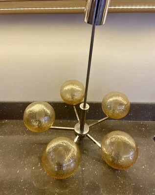 DLG SCIOLARI VINTAGE 70 Grand Lustre Chrome 5 Globes Ambrés Nacrés Suspension - Photo 1/4