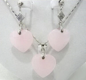 Fashion Pink Jade Heart 18KGP Fortune Women Girl Pendant Necklace Earring Set - Picture 1 of 3