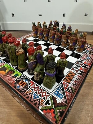 Clay Ceramic Hand Crafted/painted Chess Set With Handmade Wooden Board 8x8inch - Image 1 of 4