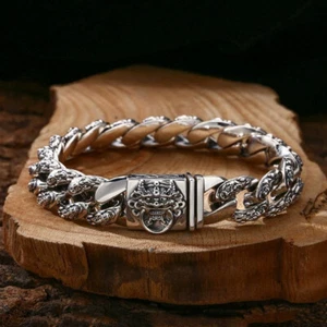 Pure 925 Sterling Silver Chain 14mm Dragon Pixiu Curb Link Bracelet 91-92g 8.3in - Picture 1 of 5