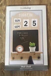 Wooden Chalkboard Calendar Shelf Wall Mount Decor Display 4 Hooks 13.4”x21.2”in - Picture 1 of 1