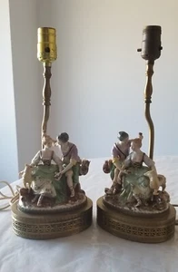 Pair Lamps VTG Dresden Style Porcelain Figural Couples w/Brass Bases Romantic! - Picture 1 of 17