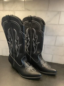 Primark Womens Western Black Faux Leather Mid-calf Boots Cowgirl Sz 7 -NEW - Picture 1 of 7