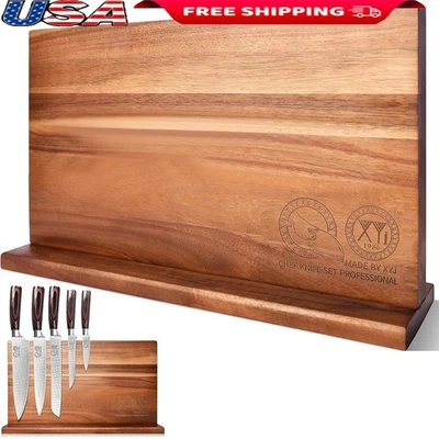 Magnetic Knife Block Double-Sided Holder Acacia Wood Kitchen Storage Safety Pad - Image 1 of 4