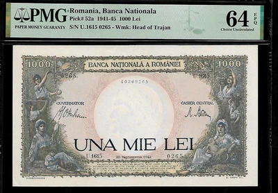 Rumania 1000 Lei 1941 PMG 64 EPQ UNC Pick # 52a, Serie U Banca National Foto 1 de 4