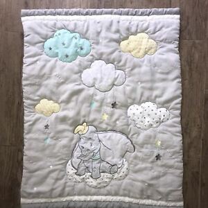 Disney Dumbo Elephant Quilted baby blanket Stars Clouds Grey White Yellow