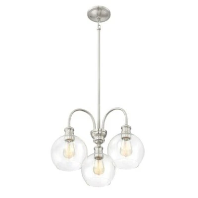 Lámpara de araña industrial Quoizel Soho globo de vidrio transparente níquel cepillado de 3 luces Foto 1 de 4