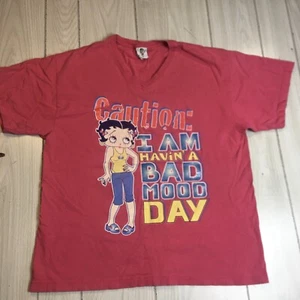 Vtg Y2K Betty Boop Pink V-Neck Shirt sz XL Caution I Am Having A Bad Mood Day - Picture 1 of 7