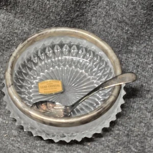Cristal Au Plomb Lead Crystal Bleikristall Dish w Silverplated Sheffield Spoon - Picture 1 of 13