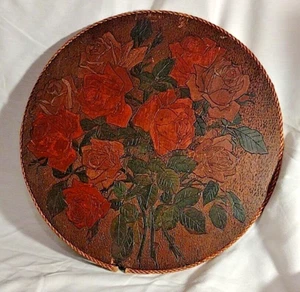 Pyrography 18" Round Wall Decor Red Roses Handcrafted Picture Hanging Cottage - Picture 1 of 7