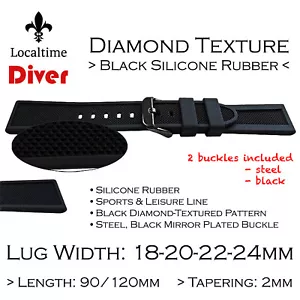 CLEARANCE Diamond-Grain Black Silicone Rubber Watch Straps 4 Sizes 18-20-22-24mm - Picture 1 of 8