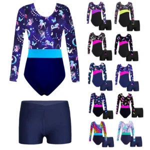 Kids Girls 2 Piece Gymnastics Outfit Junior Ballet Dance Leotard with Shorts - Picture 1 of 84
