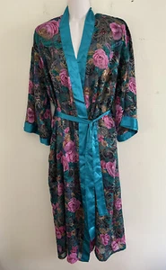 Vintage Inner Most Teal Pink Floral Roses  Robe pinup retro sleepwear lounge S - Picture 1 of 7