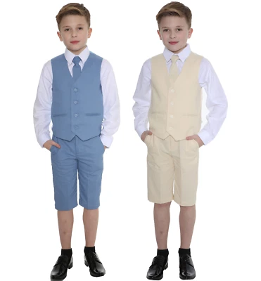Traje de lino para niños, conjunto corto de 4 piezas, página de boda niño formal bebé niños Foto 1 de 3