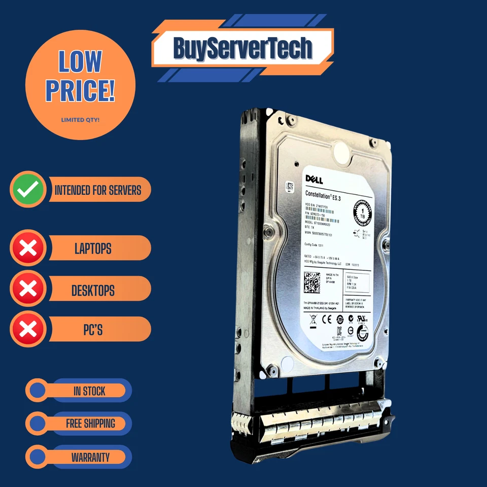 Dell FNW88 1TB 7.2K 3.5" SAS 6Gb/s HDD ST1000NM0023 w/Tray | Zero Hours | 1YR - Image 1 of 4