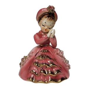 Clapping Praying Woman Girl Pink Gold Ruffles Trim Dress Coat Hat Roses Japan - Picture 1 of 24