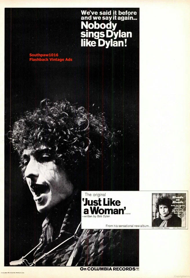 1966 Bob Dylan "Just Like A Woman" Song Release Music Industry Promo Reprint Ad - Image 1 of 1