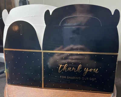 24x Favor Thank You Sharing Day Gable Paper Gift Box Wedding Black w/Gold Dots - Image 1 of 4