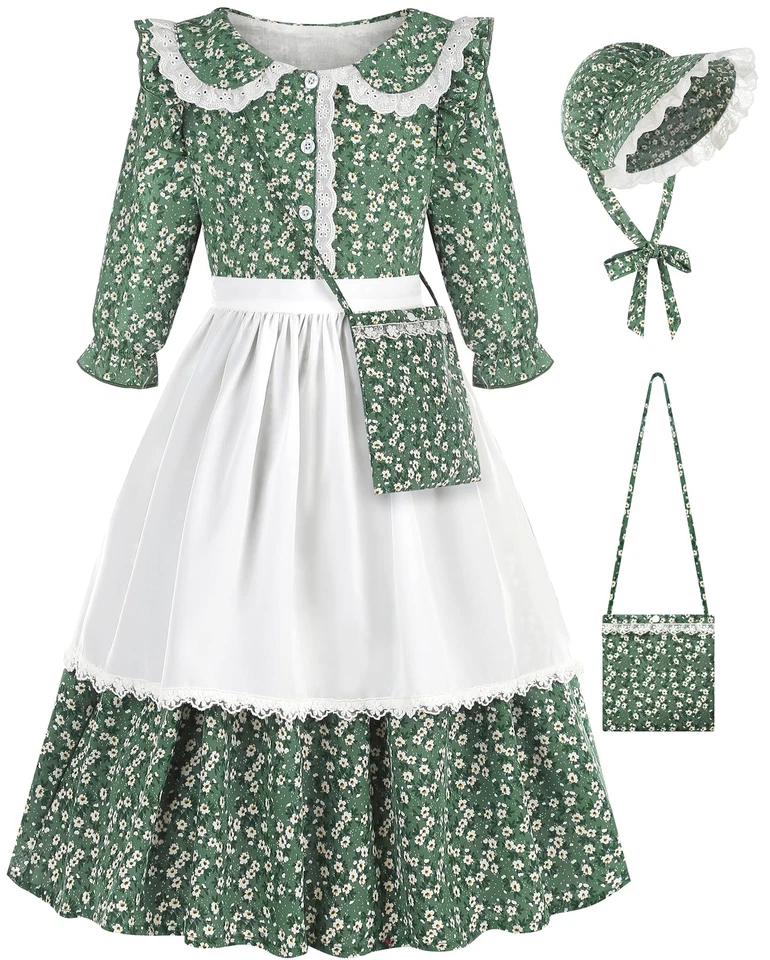 Vestido Colonial Pradera para Niñas con Delantal y Gorro - Diseño Floral, Verde Foto 1 de 4