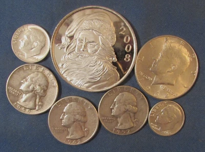 LOT 6 US SILVER COINS  & 1 OZ 999 SILVER CHRISTMAS SANTA ROUND 1964 HALF $ ETC - Image 1 of 3