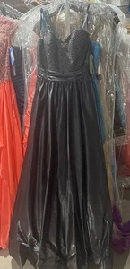 Shimmering Metalic Gunmetal Ball Gown Dress La Femme  sz 8 Sale! NWT - Picture 1 of 6