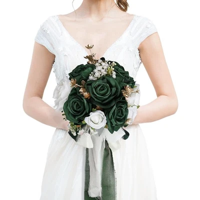 Ramo de Boda Rosa Artificial Verde Esmeralda Dorado Blanco para Ceremonia de Novia Foto 1 de 4