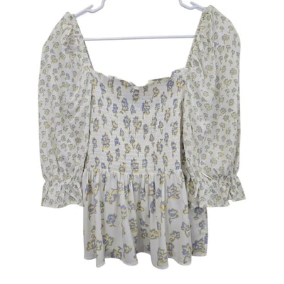 French Connection Square Neck Smock Top in Tonal Floral Sz Small Half Sleeve - Image 1 of 4