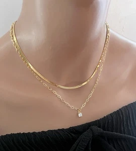 Gold Layered Chain Necklace Gold Herringbone Necklace Gemstone Charm Necklace - Picture 1 of 7
