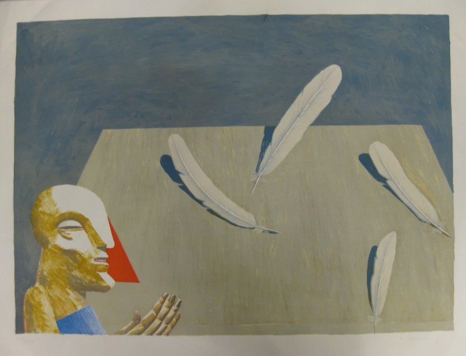 Horst Antes Farblithographie Tisch mit 4 Federn 1976 sign. 10/200 Lithographie - Bild 1 von 4