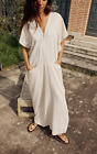 ZARA Linen Blend Midi Kaftan Dress with Pockets. S UK 8 10 12 Chest 52" Ecru