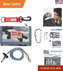Rough Enough Kids Wallet: Light Blue Camo Tri-Fold with Neck Lanyard & Keychain - Picture 1 of 11