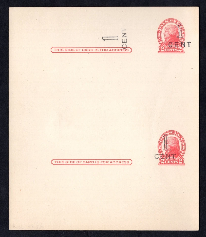 US 1917 REVALUED POSTAL CARDS IMPERF PAIR WITH ONE WITH DOUBLE OVERPRINT - Image 1 of 2