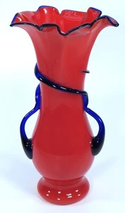Vintage Czec/Bohemian Tomato Red w/Cobalt Blue Handles Art Glass Vase Ships Free - Picture 1 of 9