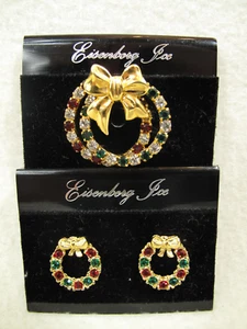 New VTG Eisenberg Ice Signed Christmas Wreath Brooch Pin~Earring~Gold~Rhinestone - Picture 1 of 7