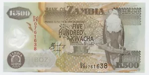 Zambia 500 Kwacha 2008 Pick 43.f UNC Uncirculated Banknote Replacement - Picture 1 of 2