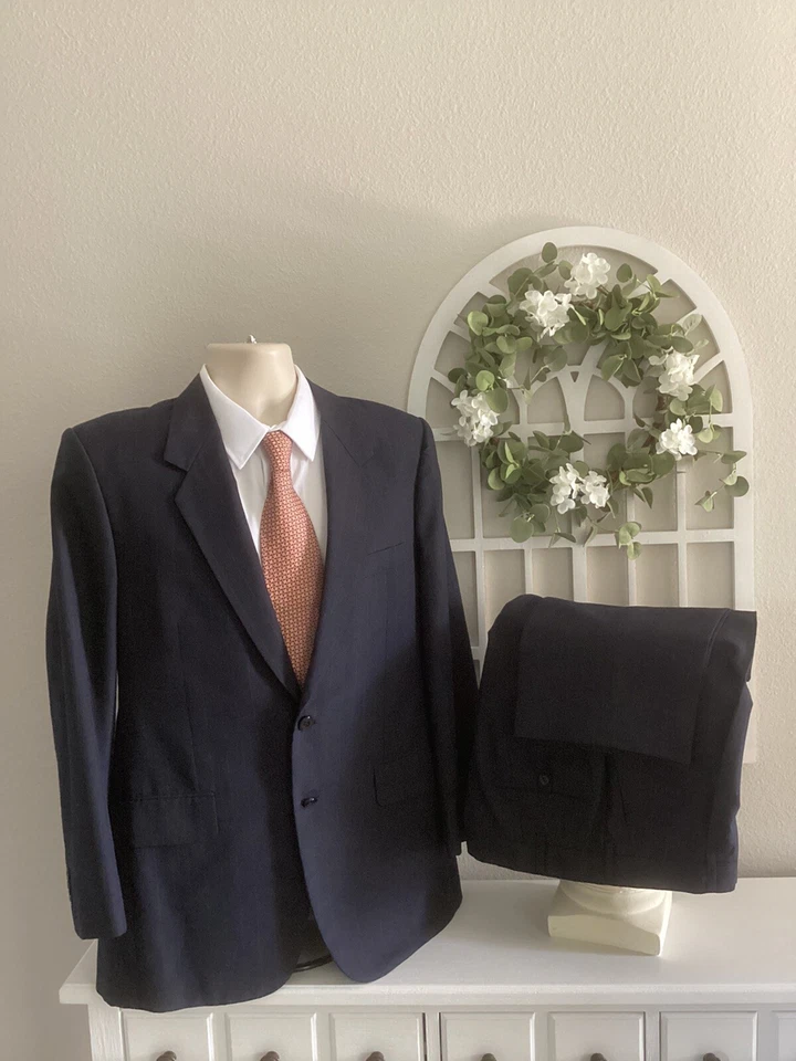ALEXANDER  2 Btn ALL WOOL 2 Pc SUIT Sz 40R 34 X 30 Navy Blue Striped Sharp! - Image 1 of 4