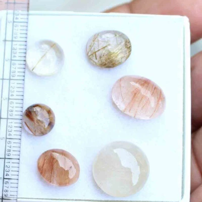 Natural Golden Rutilated Quartz Round cabochon flat back 14 Mm 29.10 CT 6 Pcs - Image 1 of 4