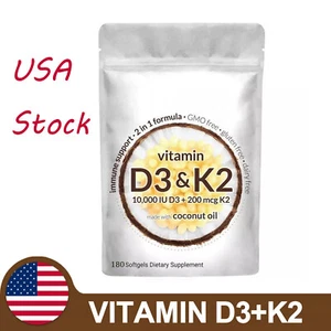 Vitamin D3 K2 Softgel Capsules Extra Strength D3 K2 Supplements with 10000 IU US - Picture 1 of 8