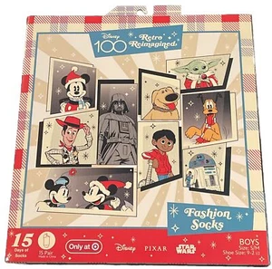 DISNEY 100 RETRO CHARACTERS 15 Days Fashion Socks BOYS Shoe Sizes 9-2 1/2 NEW - Picture 1 of 4