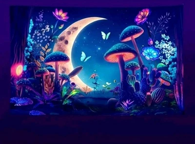 70"X90" Blacklight Tapestry Magical Fantasy Mushrooms Crescent Moon Wall Hanging - Image 1 of 4