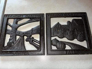 2 Vintage Vermont Castings Winter Fall Cast Iron Trivets 6" original set 1983 - Picture 1 of 8