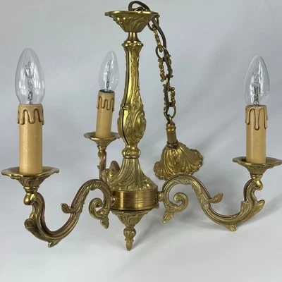 Vintage French 3 Arm Small Ornate Stamped Bronze, Metal Ceiling Light Chandelier - Image 1 of 4