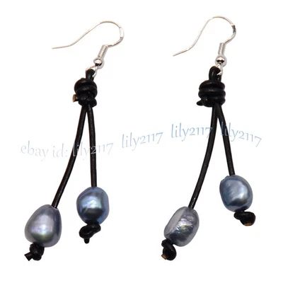 Pendientes colgantes multicolores de agua dulce barroca perla cuero negro cuerda 9-10 mm Foto 1 de 4