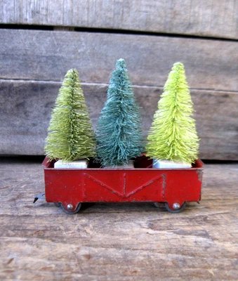 Little Antique Tin Train Car Original Red Paint w 3 Christmas Bottle Brush Trees - Image 1 of 4