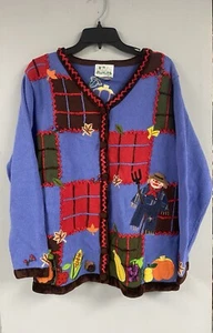 Quaker Factory Fall Scarecrow Leaf Pumpkin Sweater Cardigan Women Size Large - Picture 1 of 9