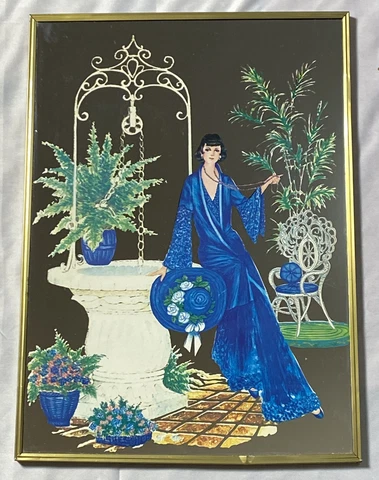 Vintage 1970s Art Deco Style Wall Mirror Coby Screen Print Lady in Greenhouse Cover