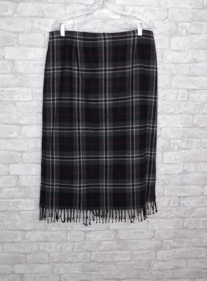 Worthington Skirt Size 16 Petite Black White Pink Plaid Wool Blend Fringe Hem - Image 1 of 4