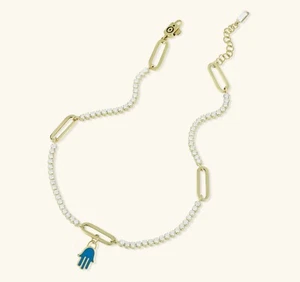Clip Cz Esmalte Azul Hamsa Mano Tobillo Tobillera Real 14K Oro Amarillo Hasta - Imagen 1 de 4